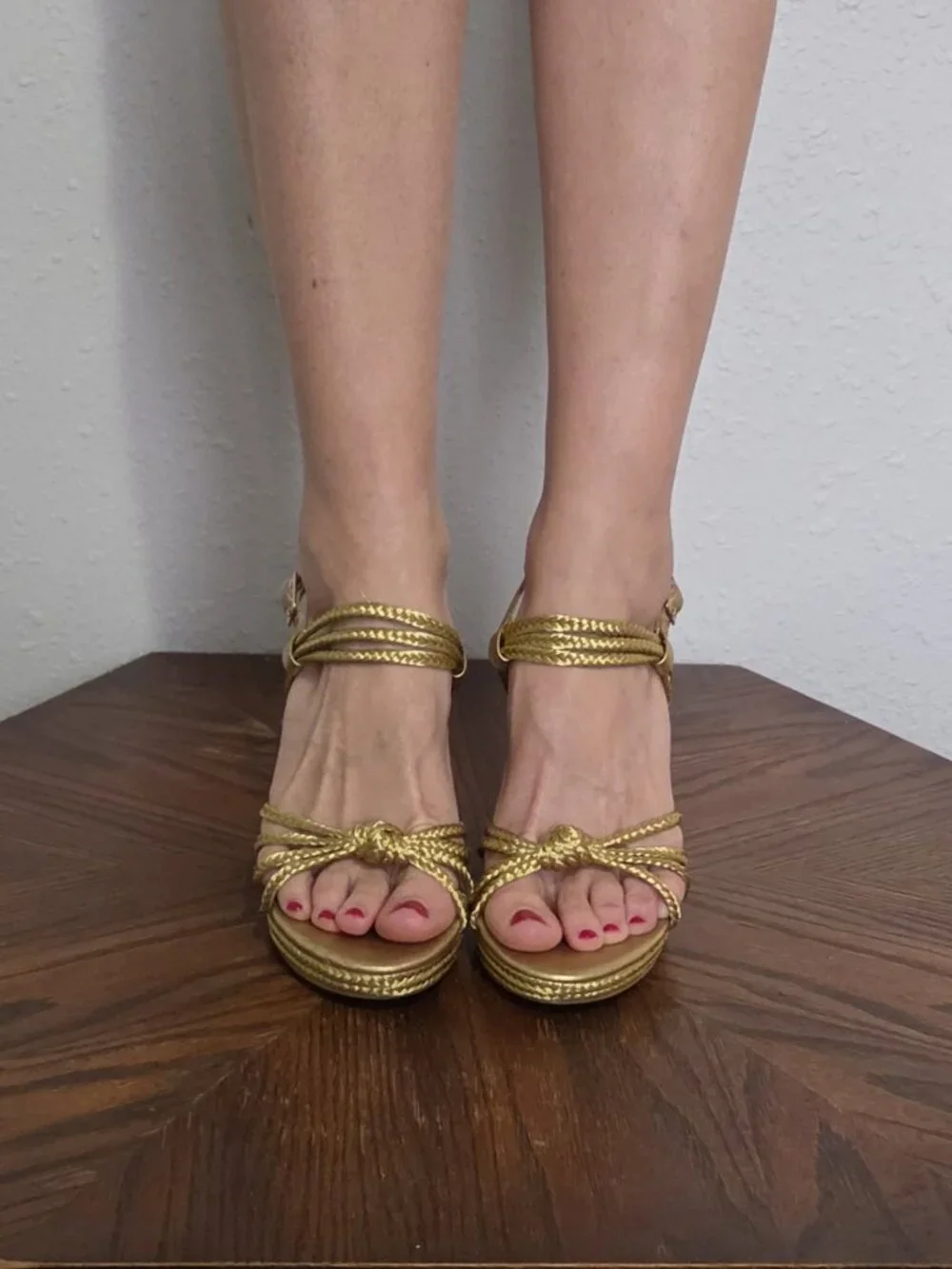 Michael Kors Gold Braided Wedge Sandals Size 6.5M Strappy Metallic Heels
